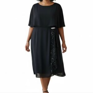 Le Bos Chiffon Cape Dress Size 16W Rhinestones Lace Ruffle Sequin Cocktail Black